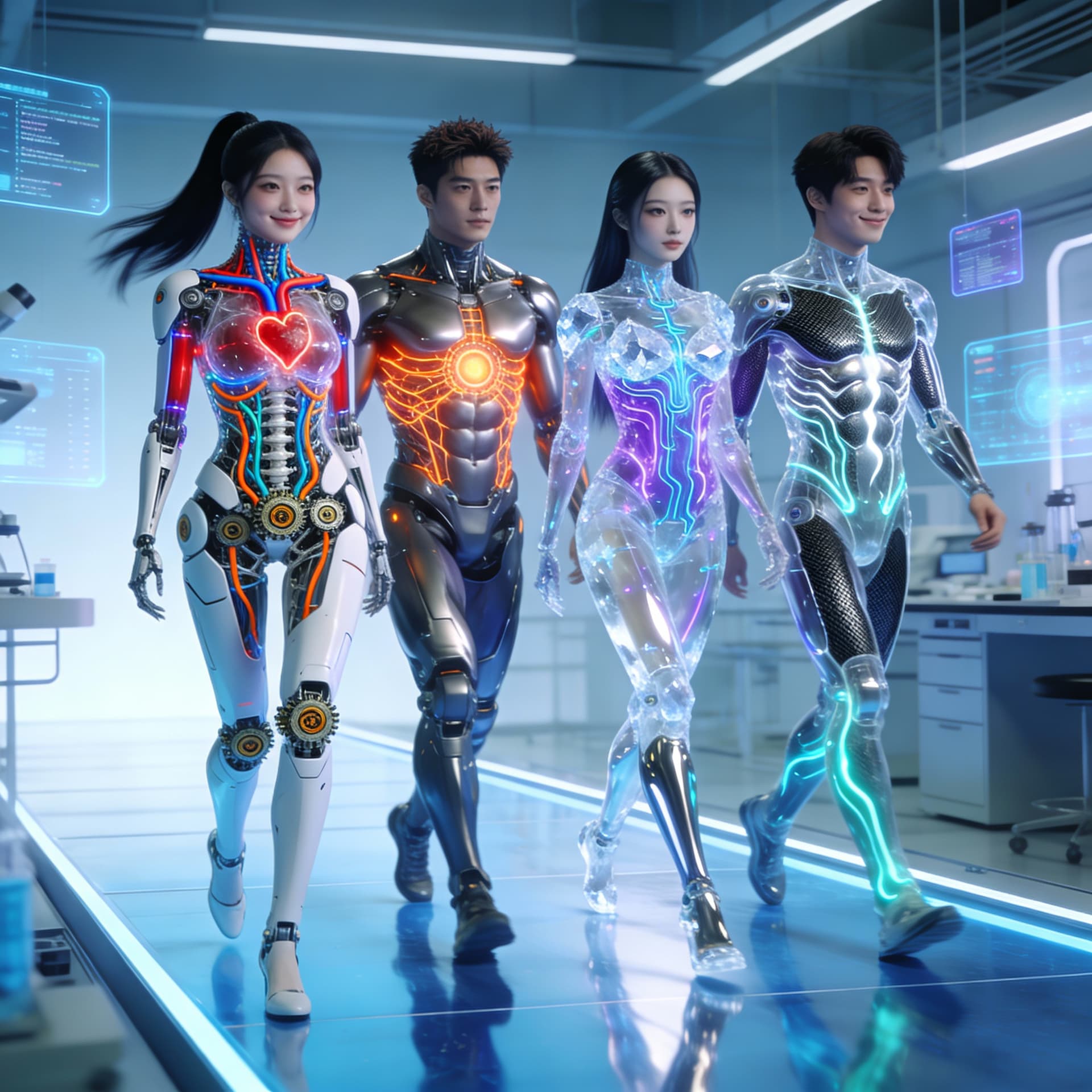 AI generated: Four full-body photoreal Korean android models — two female and two male — walking in slow-motion on...