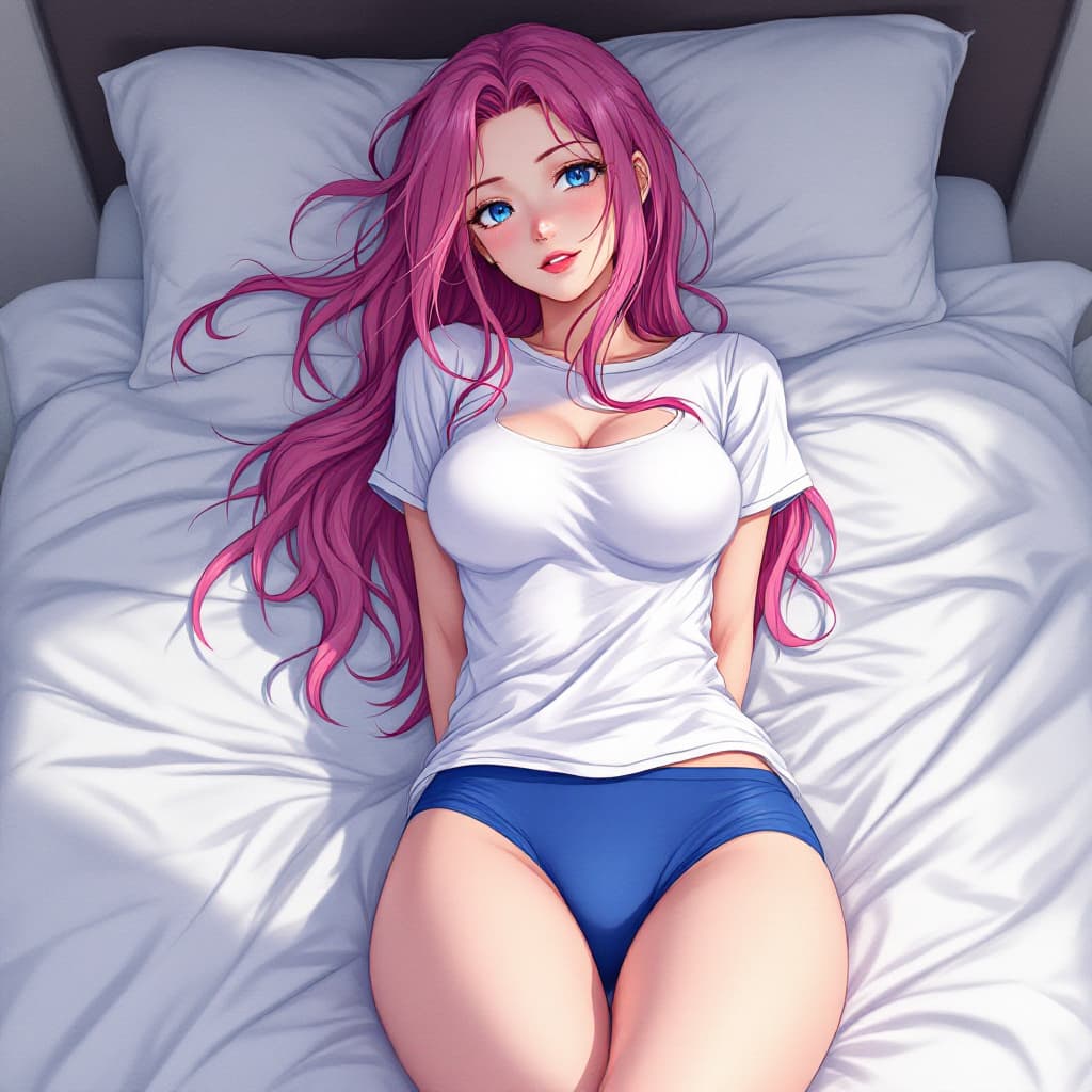 AI generated: anime, woman, pink hair, long hair, blue eyes, wet white t shirt, blue panties, bare feet, bare legs...