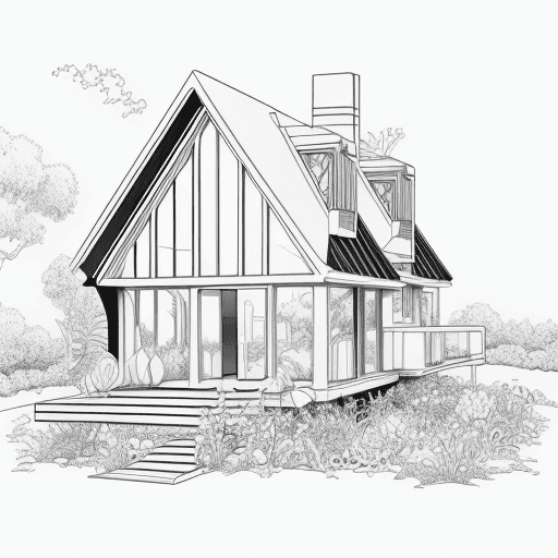 AI generated: coloring page futuristic houses portrait clean line art, black pen line detail,large white botanical...