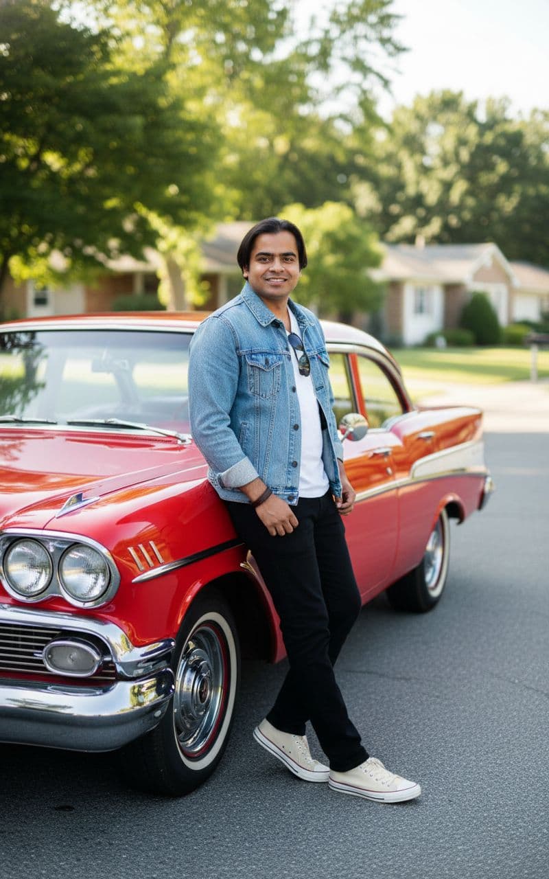 AI generated: Subject: A friendly late-20s man. Clothing: Light wash denim jacket (type II style), plain white t-s...