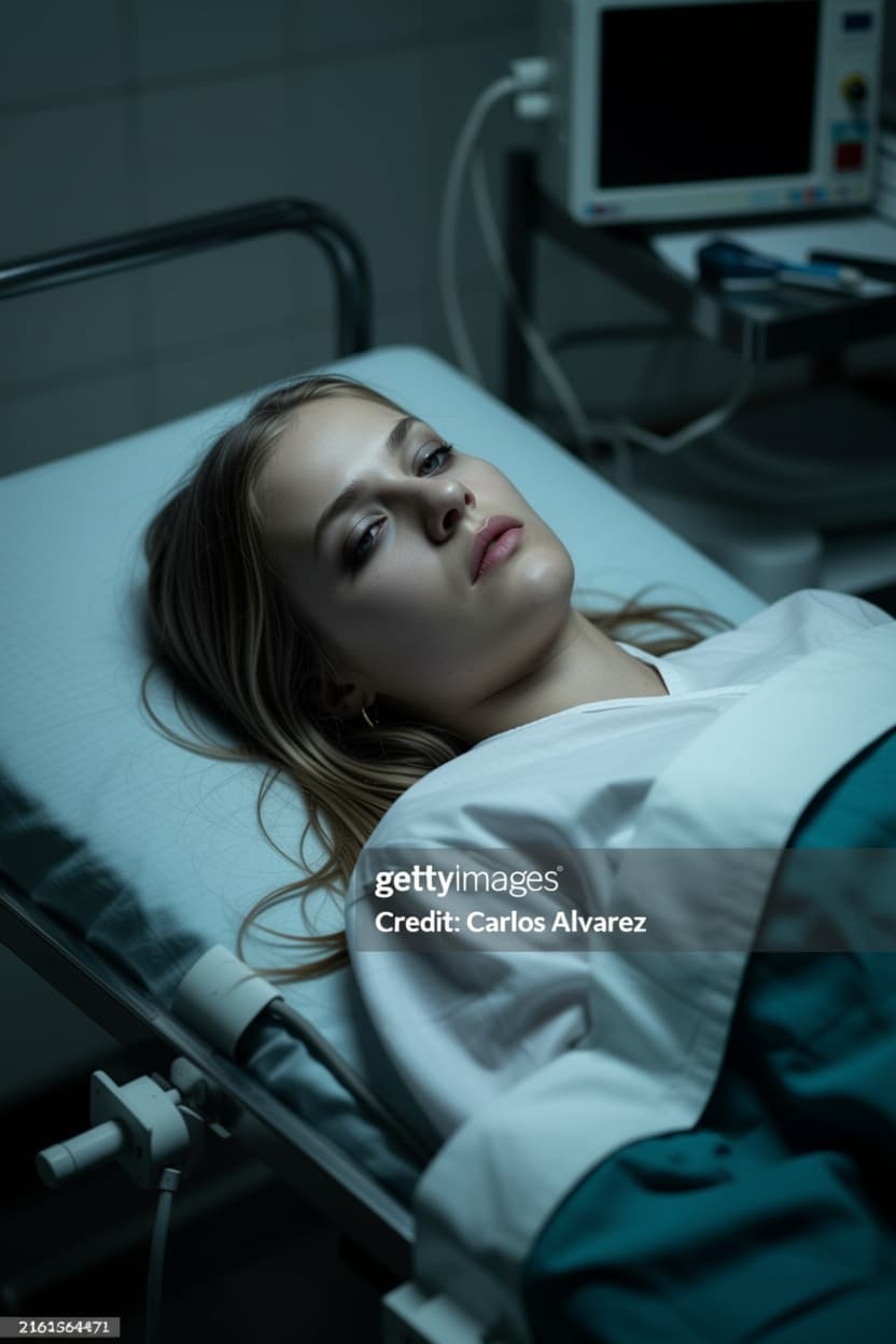AI generated: dead girl lying in morgue, death stare.