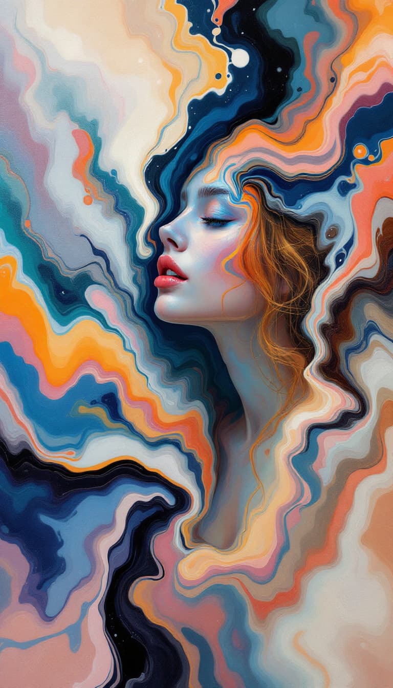 AI generated: Fluid Art, Flowing Colors, Marbled Surfaces, Organic, Woman Holding a Canvas Pouring, Intent Pose, A...