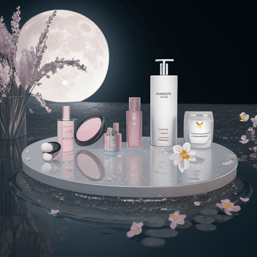 AI generated: Cosmetics products commercial advertising，merging in water surround by spring flowers on the moon li...