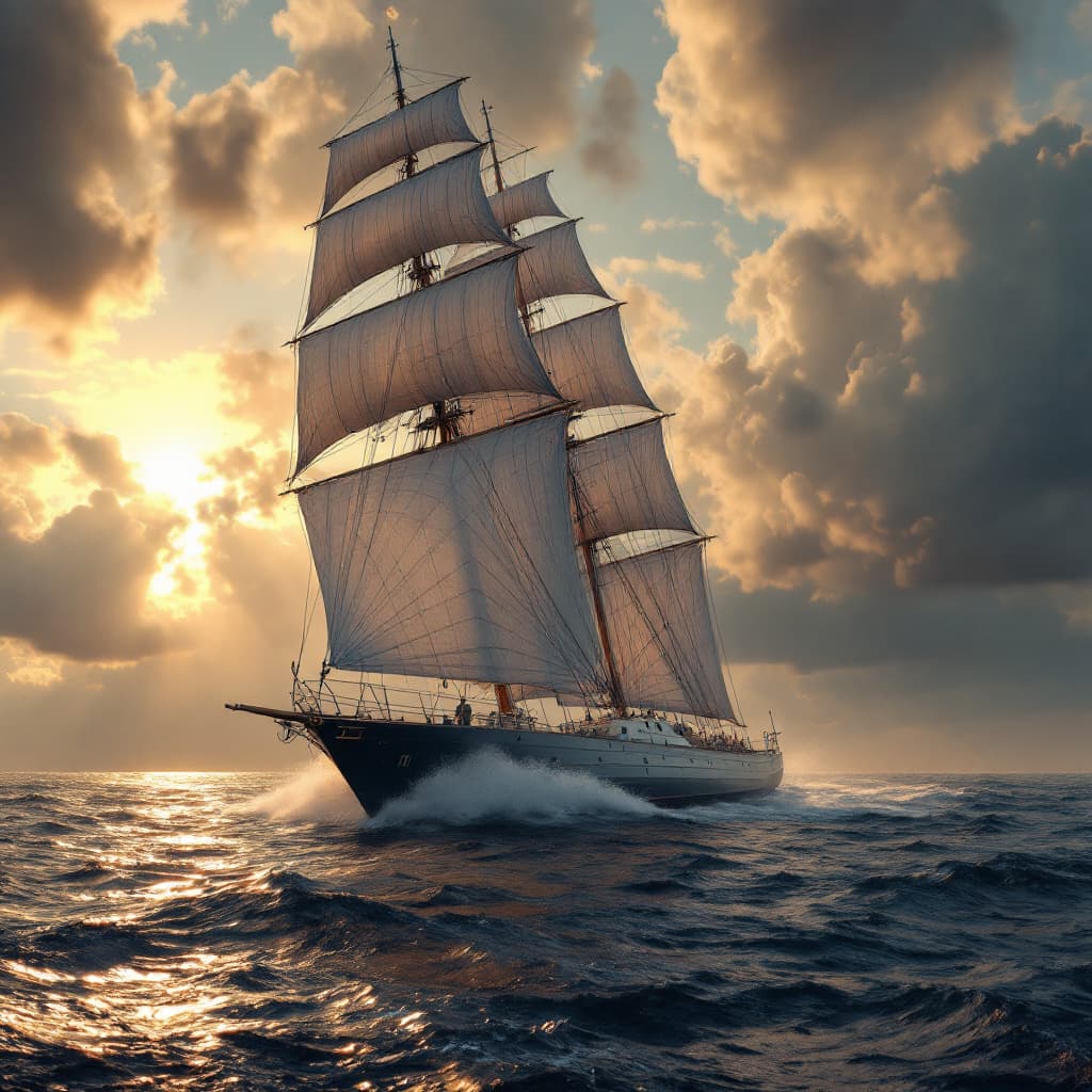 AI generated: Psychedelic, surreal, different. Photo of an ultra-realistic racing yacht from 2045, stormy seas, le...