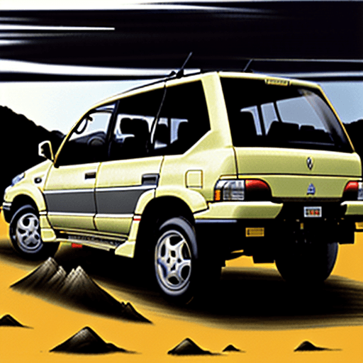 AI generated: carro tt, mitsubushi, pajero glx 2800, 1998, pneus largos, panorama africa, nascer do sol pálido, di...
