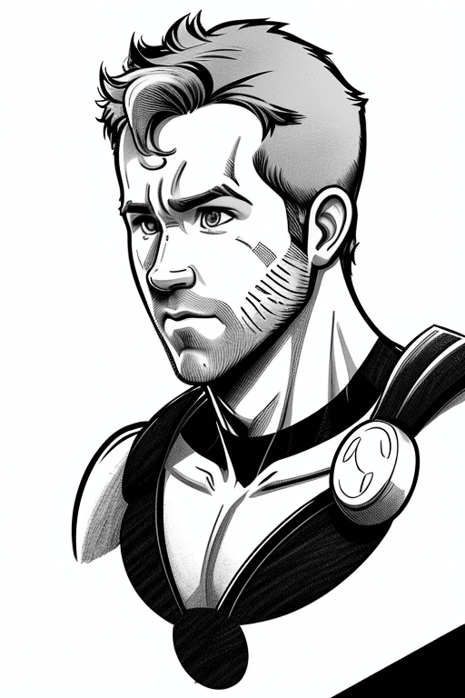 AI generated: Ryan Reynolds (2d, pencil sketch, crisp edges, bold cartoon-style outlines:1.4)