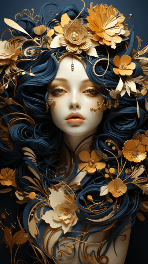 AI generated: A fierce princess with elegant gold patterns on her face, in the style of delicate porcelain sculpti...