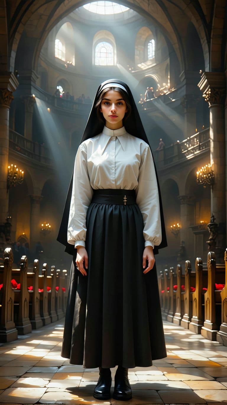 AI generated: Hyper realistic full body view of beautiful 14yo nun, indigen Face, long legs, Long Black Hair, very...