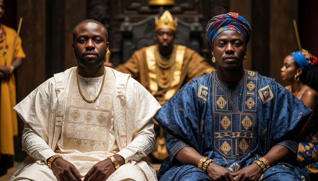 AI generated: Create a cinematic shot with the camera positioned directly in front of the two royal men on the rig...