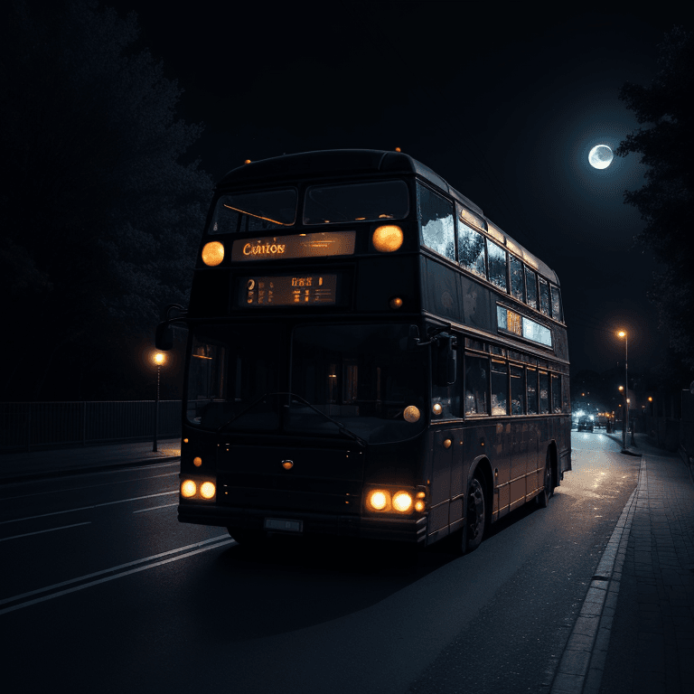 AI generated: far away view of a dark bus from the sides, under the moonlight, night sky, dim-lit street, differen...