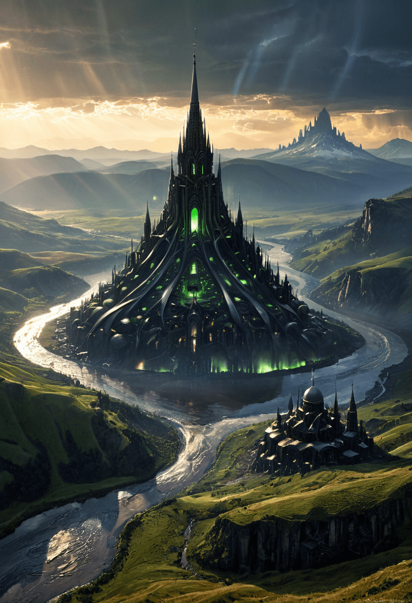 AI generated: Dystopian style <lora:xl_more_art-full_v1:1>,<lora:DreamARTSDXL:1>,A vast, alien city of towering sp...