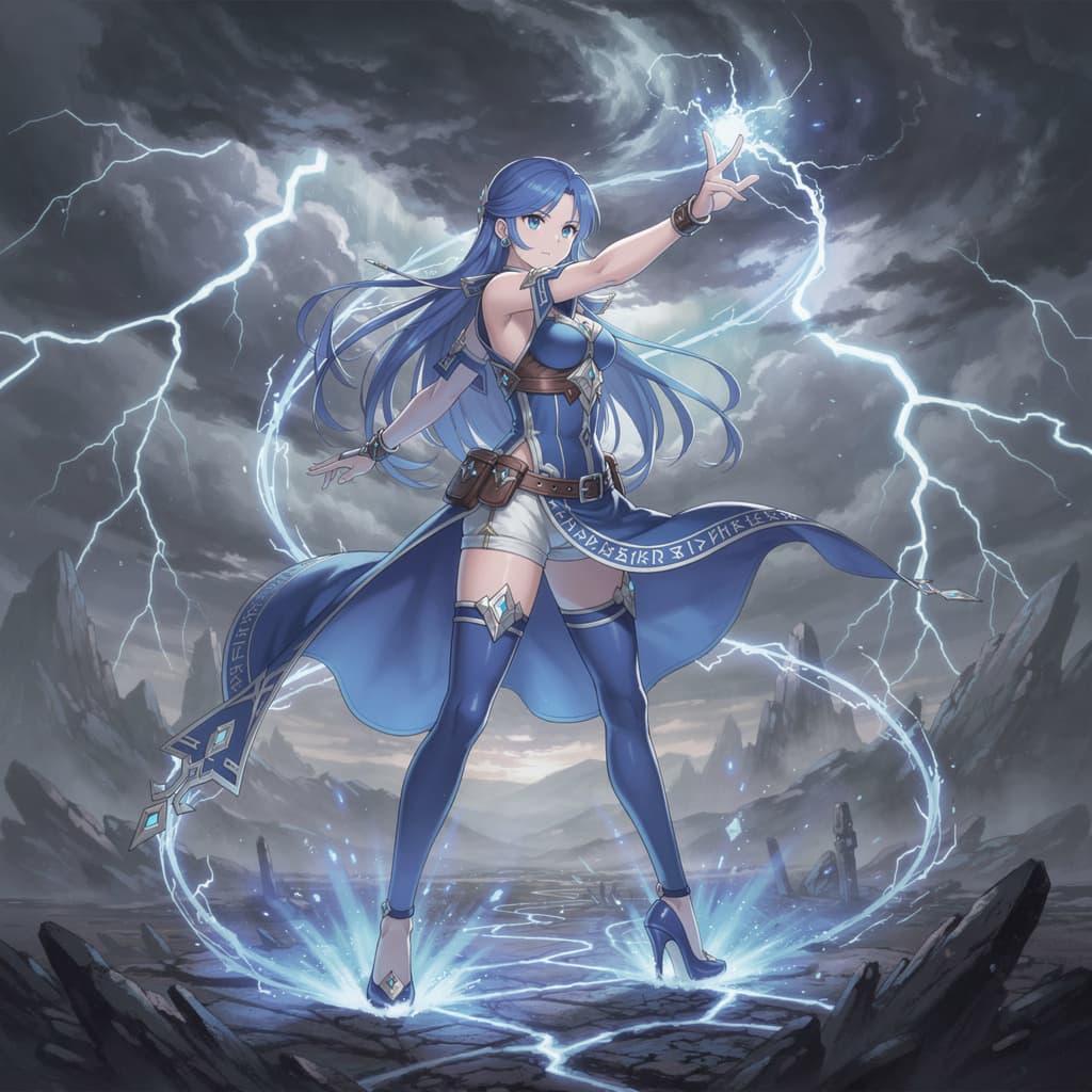 AI generated: full body masterpiece, anime, girl, petite, small breast, long legs, goddess of blue thunder , blue ...