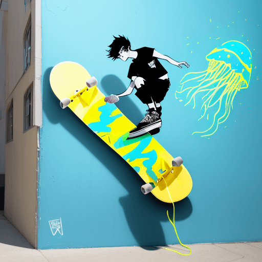 AI generated: Graphic design with a black and white boy writing "Louise" on a colorful wall painted with flying ye...
