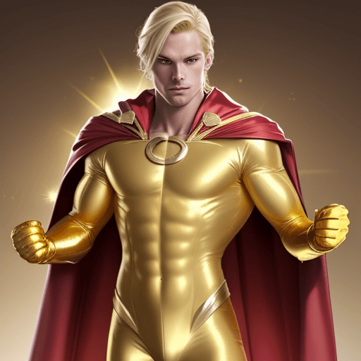 AI generated: male super hero named champion blond hair, no symbol, skin tight gold suit, gold cape, gold gloves
