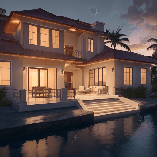AI generated: a 4k ultrarealistic photorealistic seaview mansion, during slightly cloudy evening and sunset. The h...