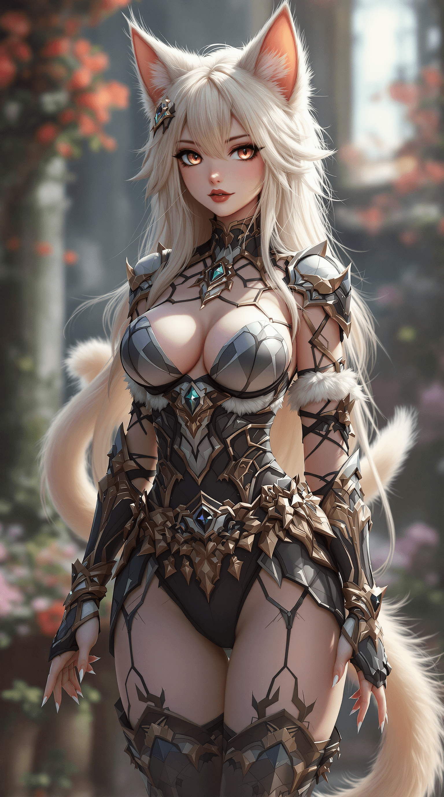 AI generated: furry cartoon cat girl, realistic waifu anime style, cat tail, cat ears, cat fur, color fantasy armo...