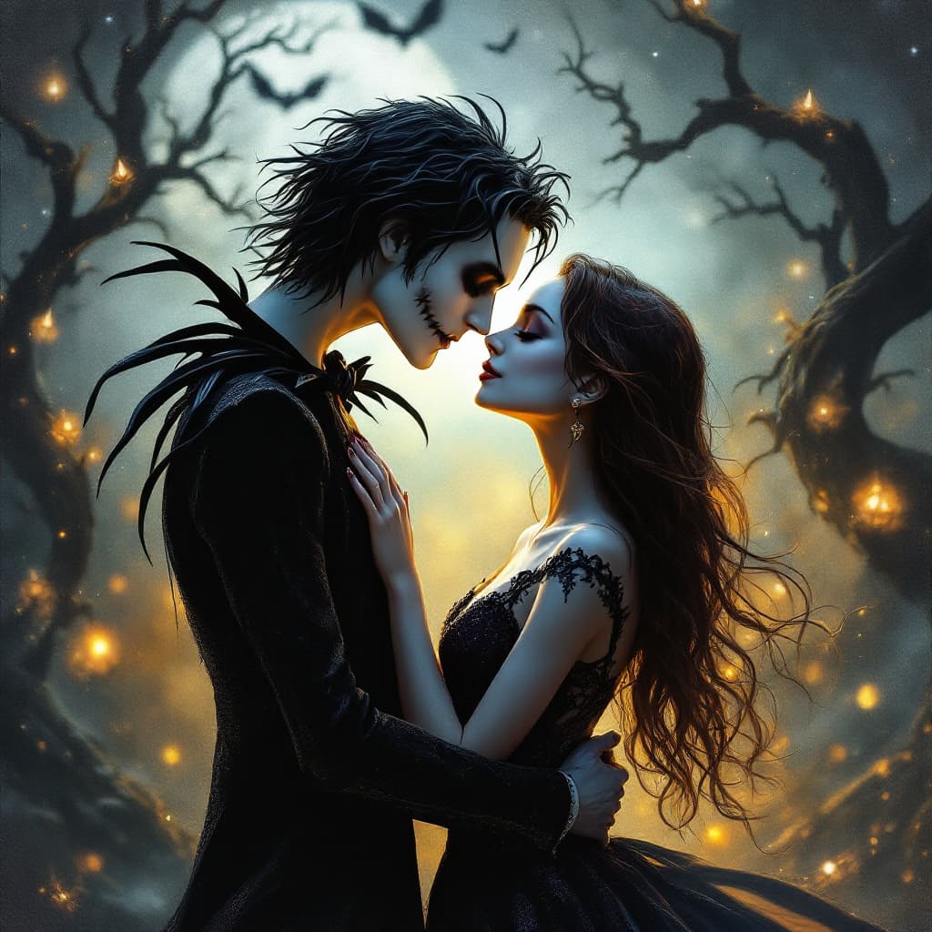 AI generated: Nightmare before Christmas,love scene,romantic embrace.beautiful