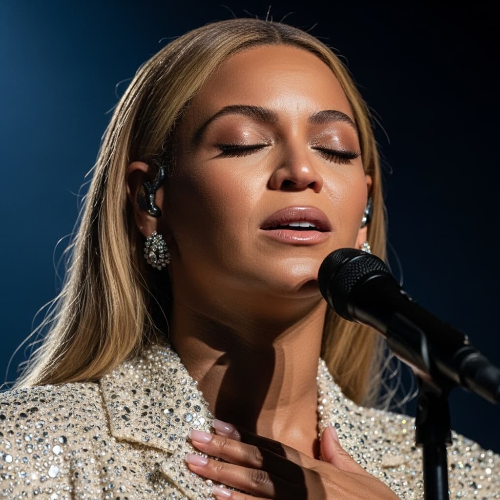AI generated: Close-up of Beyoncé on stage, deeply focused and emotional, singing with eyes closed and hand on che...