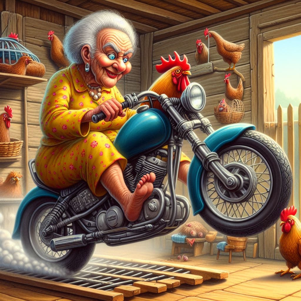 AI generated: My grandmother does motorcycle wheelies in the henhouse. lowbrow art by Heiko Müller