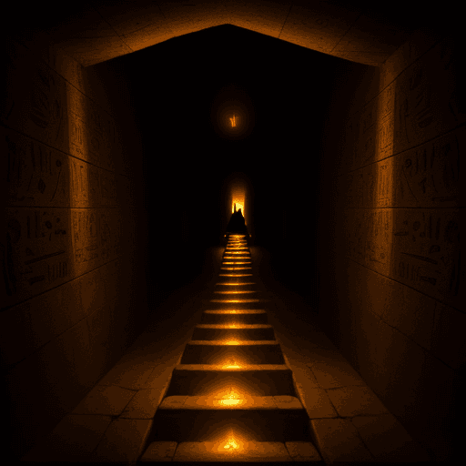 AI generated: a dimly lit egyptian ramp passage with fire 