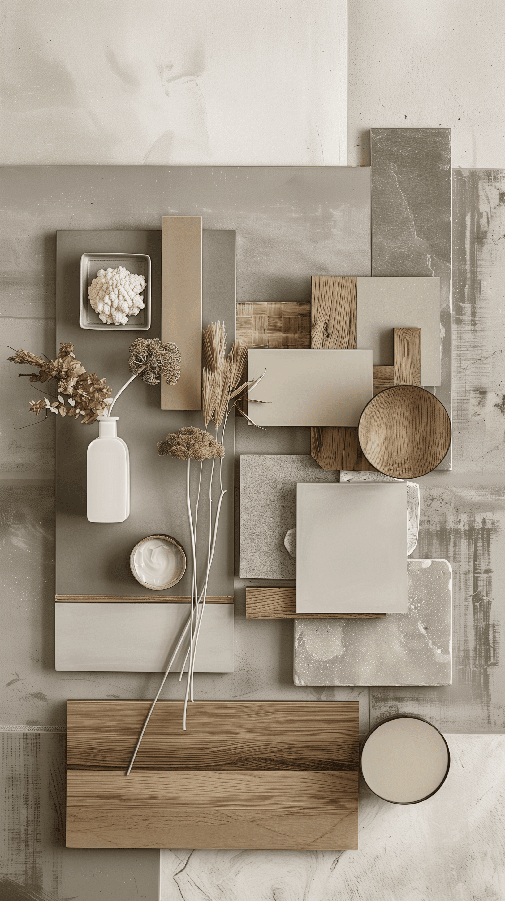 AI generated: high-resolution mood board for the finishing materials of interior design themes, warm modernity wit...