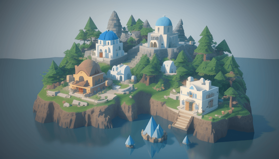 AI generated: Far view of cute little girl walking past a cute cozy interesting majestic low poly Santorini animat...