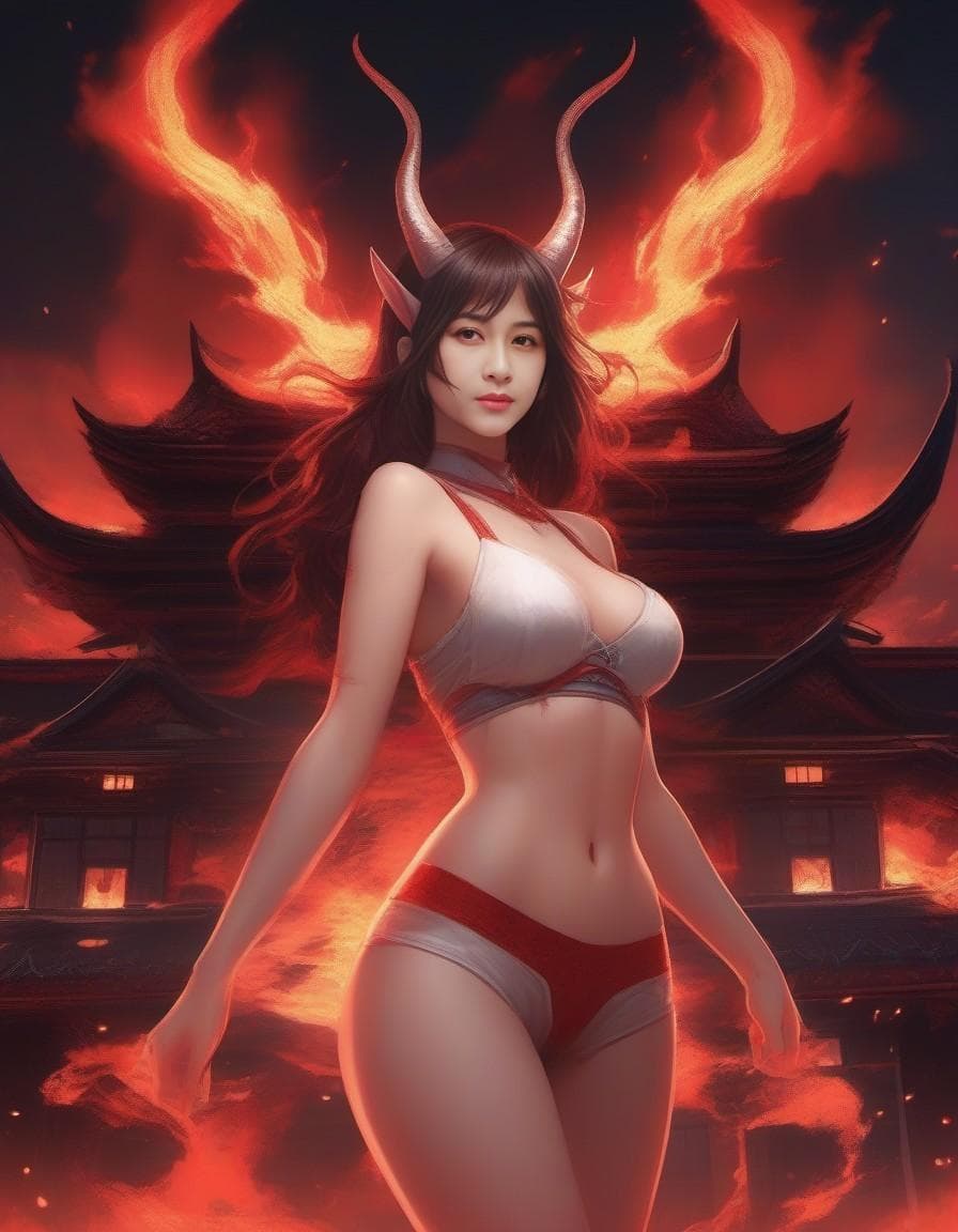 AI generated: red-skinned demon girl in just wooly underpants, twisted horns, yuumei artist style, stockings, unde...