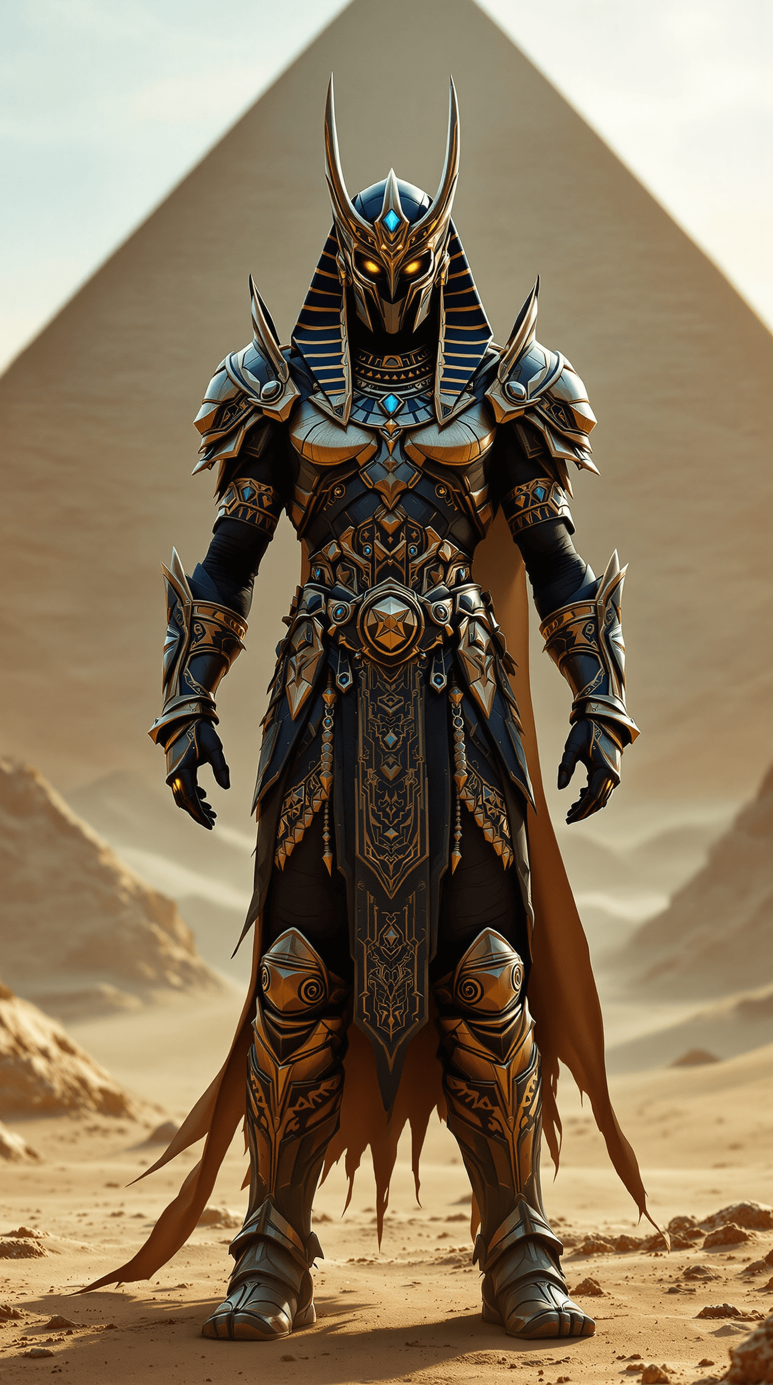 AI generated: god egypt, background pyramid, glowing eyes, god, egypt, sand, heavy fantasy armor withe many acceso...