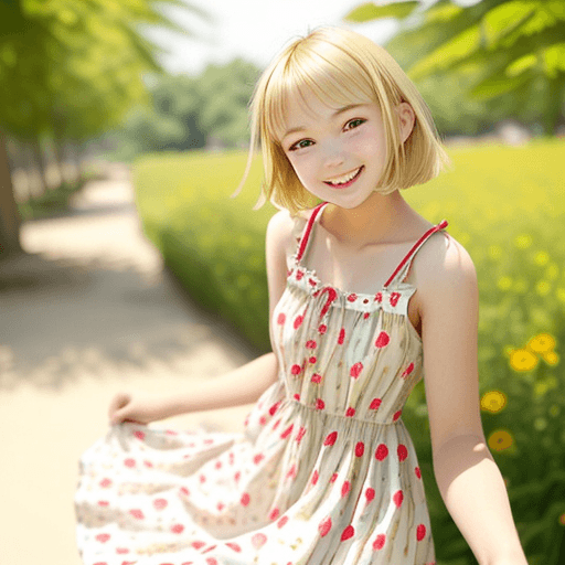 AI generated: cut girl in summer dress, 18 years old, cute smile, blonde,