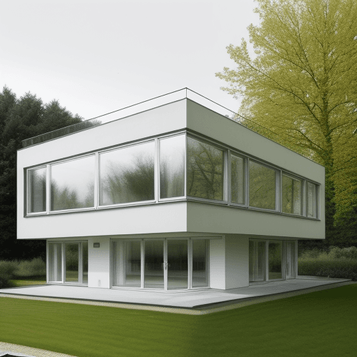 AI generated: modern house in Bauhaus Dessau style, big windows towards a nice clean garden with apple trees and  ...