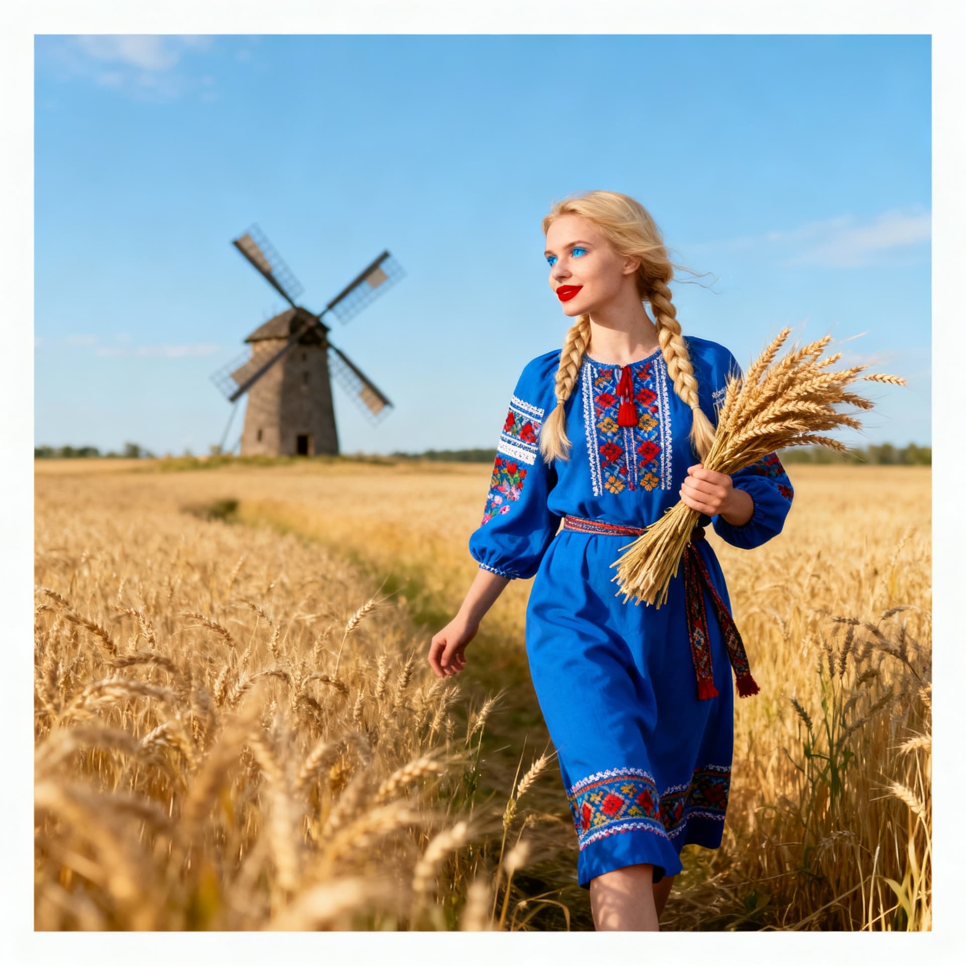 AI generated: a blonde woman is walking though a weight feild, she is looking thoughtful while walking but happy. ...