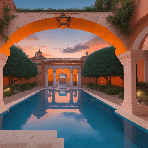 AI generated: Un atardecer lujoso en Murcia con un gran patio, piscina reflejando el cielo naranja y rosa, cascada...