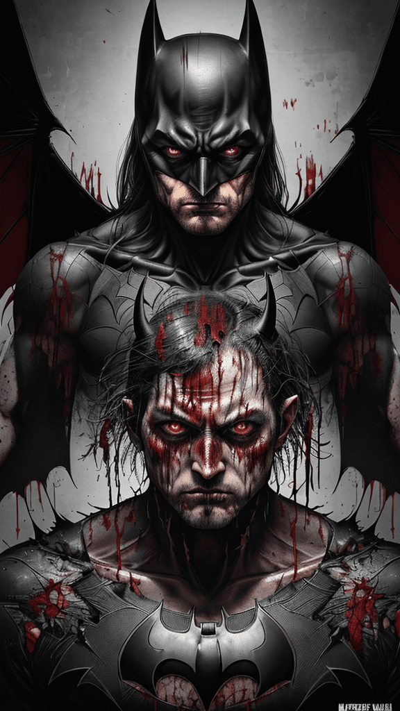 AI generated: (realistic, ultra detailed, Overlay Japanese gorecore type. A 16k poster of a evil vanquished Batman...