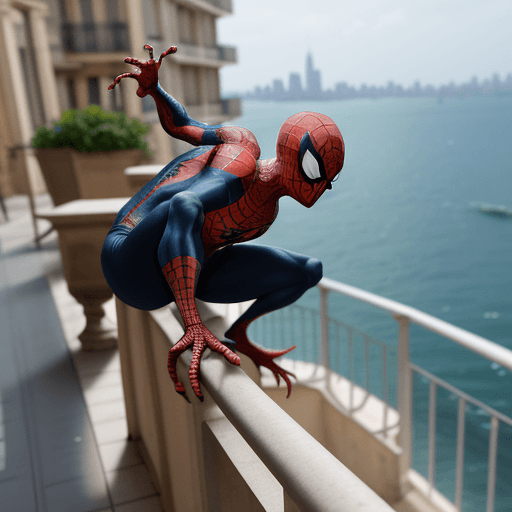 AI generated: spideman avec un oiseau sur l'épaule, en équilibre sur la corniche d'un immeuble