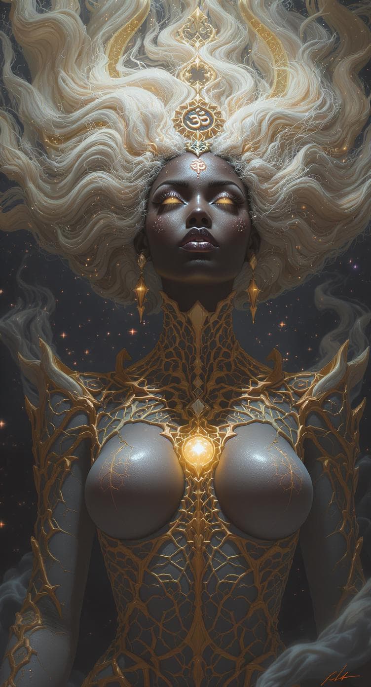 AI generated: Ethereal figure, presented as a half-body portrait. It embodies a mythical presence, possibly a deit...