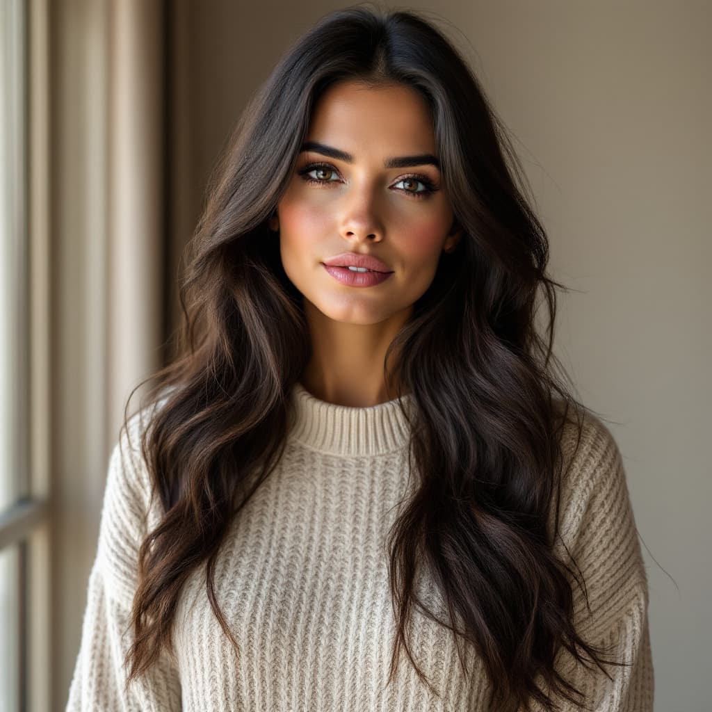 AI generated: A 27-year-old Italian woman with long dark brown wavy hair, olive-toned skin, wearing a cream knit s...