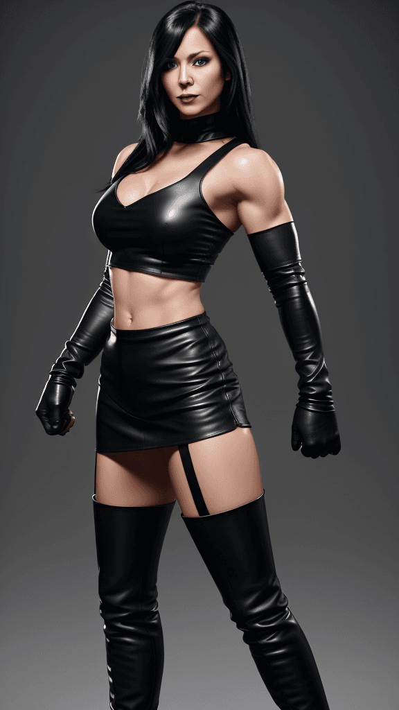 AI generated: Jennifer Animation as super strong muscular woman, toned biceps, long black hair, wears black Leathe...