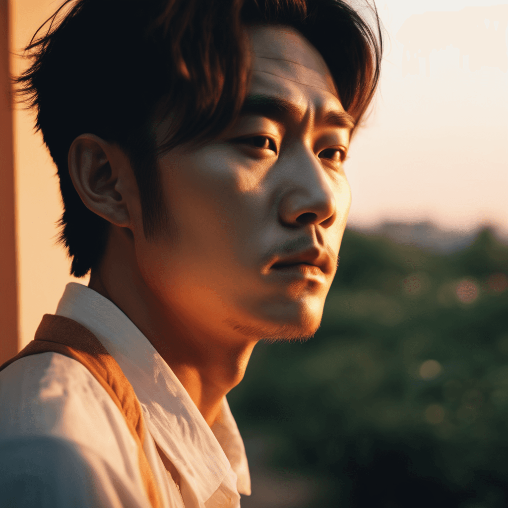 AI generated: A striking 4K close-up of a Korean musician in the summer at sunset, with a charismatic and intense ...