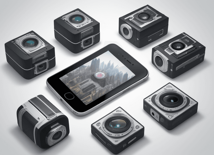 AI generated: Four different smart phones arranged in a grid, each same size with 3 cameras, each a different styl...