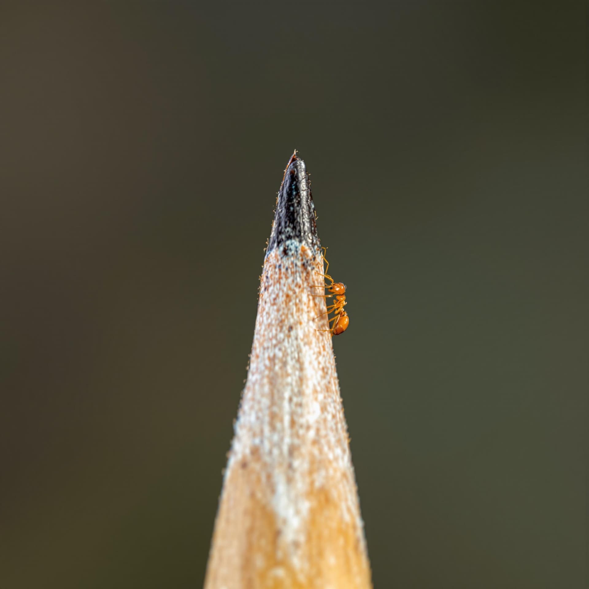 AI generated: Macro Photography. An ant crawling on the tip of a pencil.