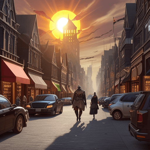 AI generated: An evil realm with his streets, lands, houses, trees, sun, stores, vehicles, libraries, Restaurants ...