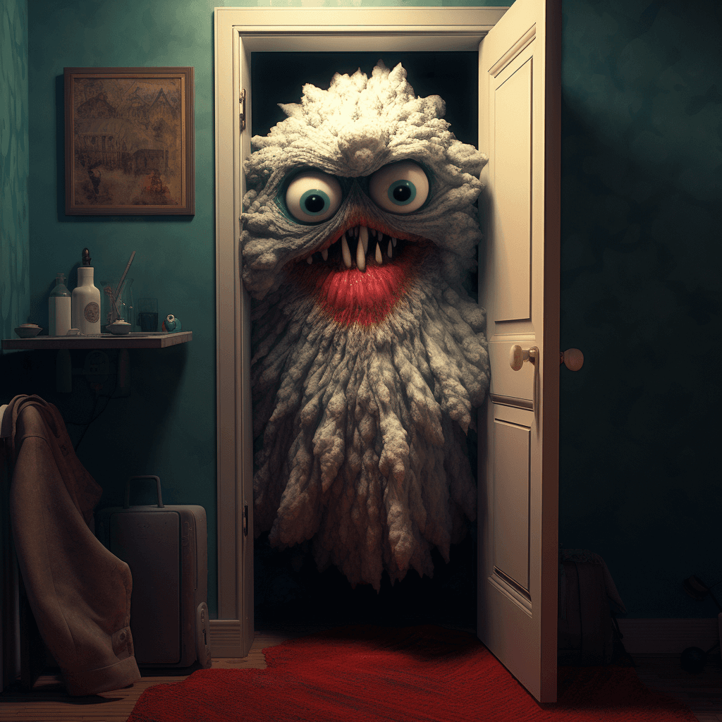 AI generated: creature with a disturbing look peeking out from behind a closet door in a bedroom, high detail, 8k,...