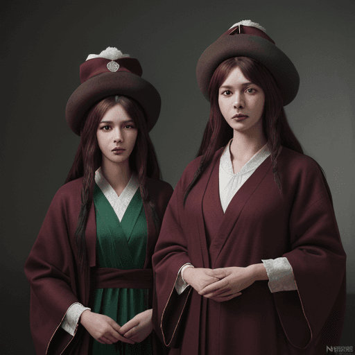 AI generated: a picture of two people, wearing cloth hats and robes, in the style of realistic animal portraits, u...