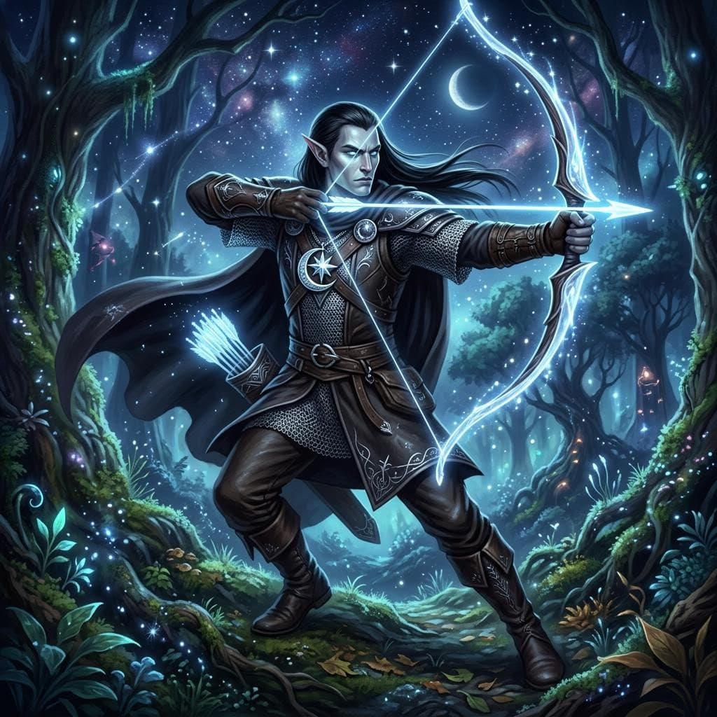 AI generated: an elegant male astral elf, slightly glowing pale skin, long straight black hair, pale blue eyes, ga...