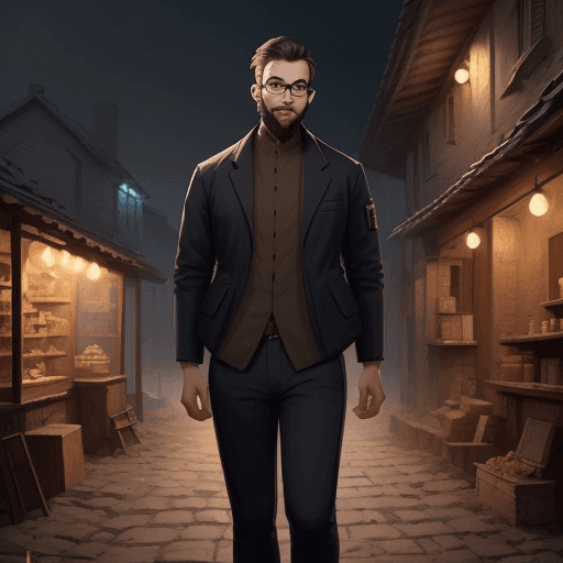 AI generated: Full-body shot, A young man with a beard and glasses, looking directly into the camera, wearing a ja...