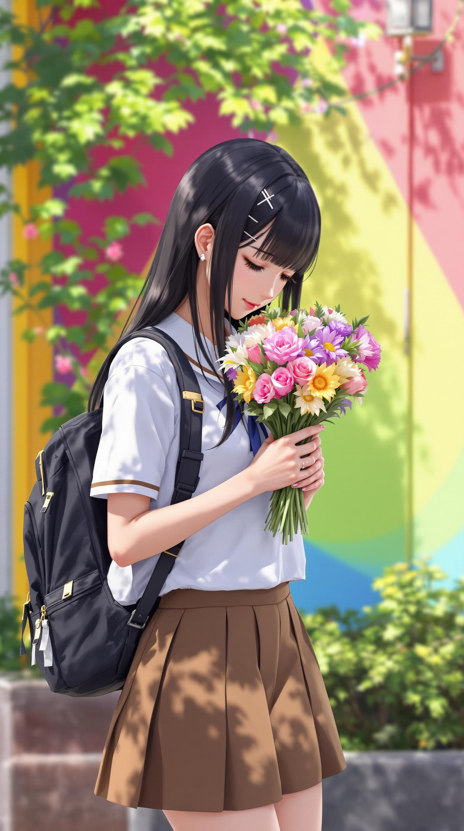 AI generated: In the image full body, a anime realistic is seen walking outdoors, Lowering the face to the side ri...