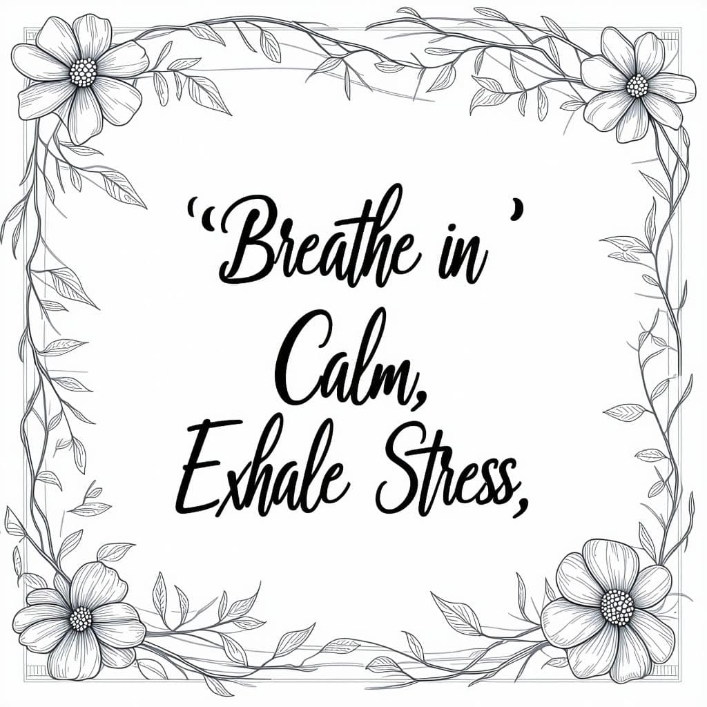 AI generated: Blank, simple illustration "The phrase 'Breathe in Calm, Exhale Stress' in elegant cursive font, sur...