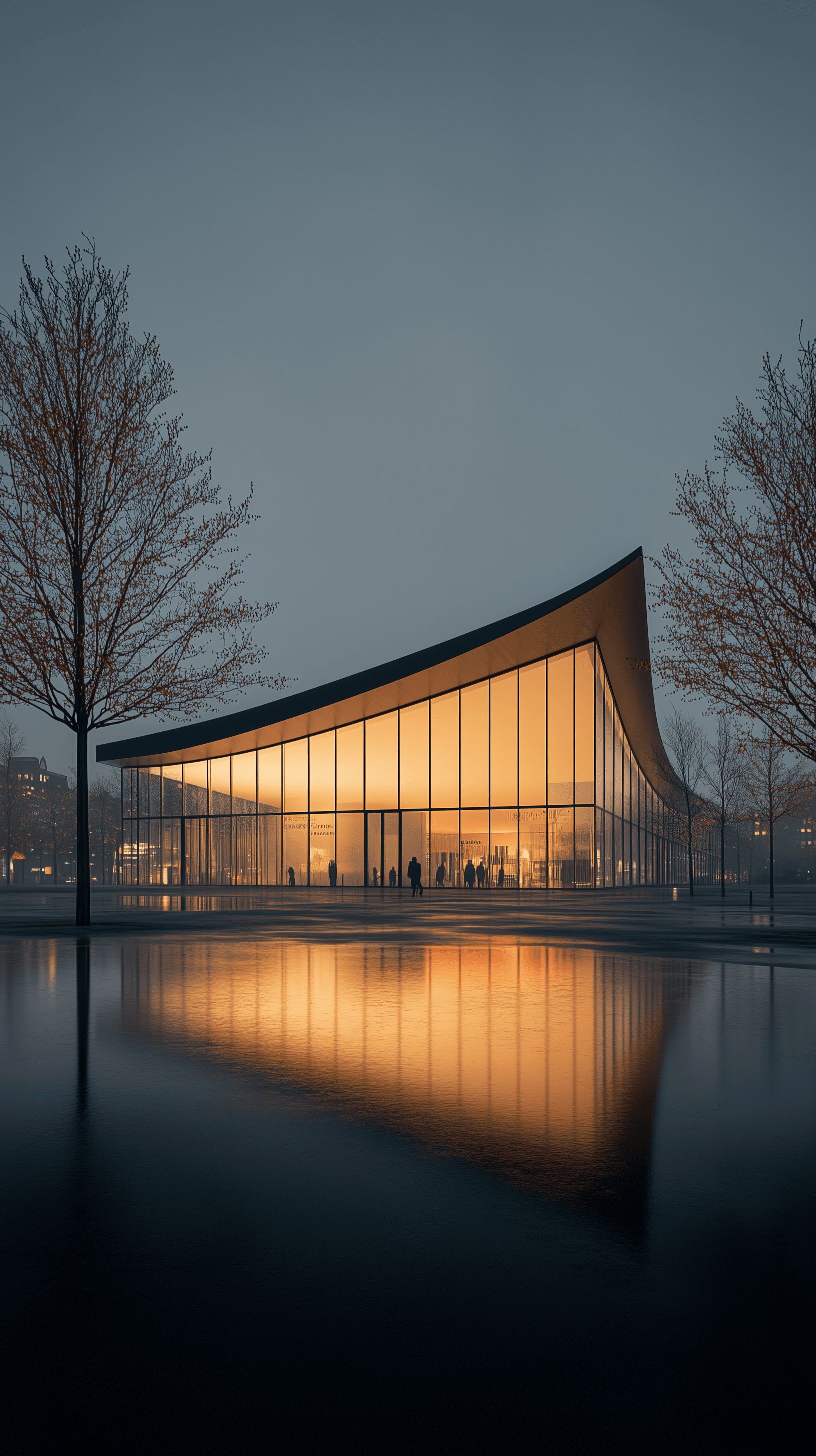 AI generated: minimalist architecture, contemporary pavilion design, symmetrical curved structure, panoramic view,...