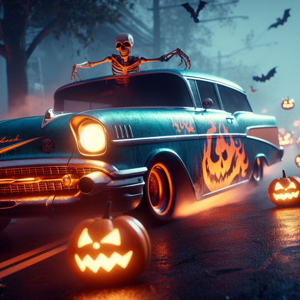 AI generated: a 1955 Chevy Nomad with Halloween skeleton graphics and micro fire pumpkin graphics with a skeleton ...
