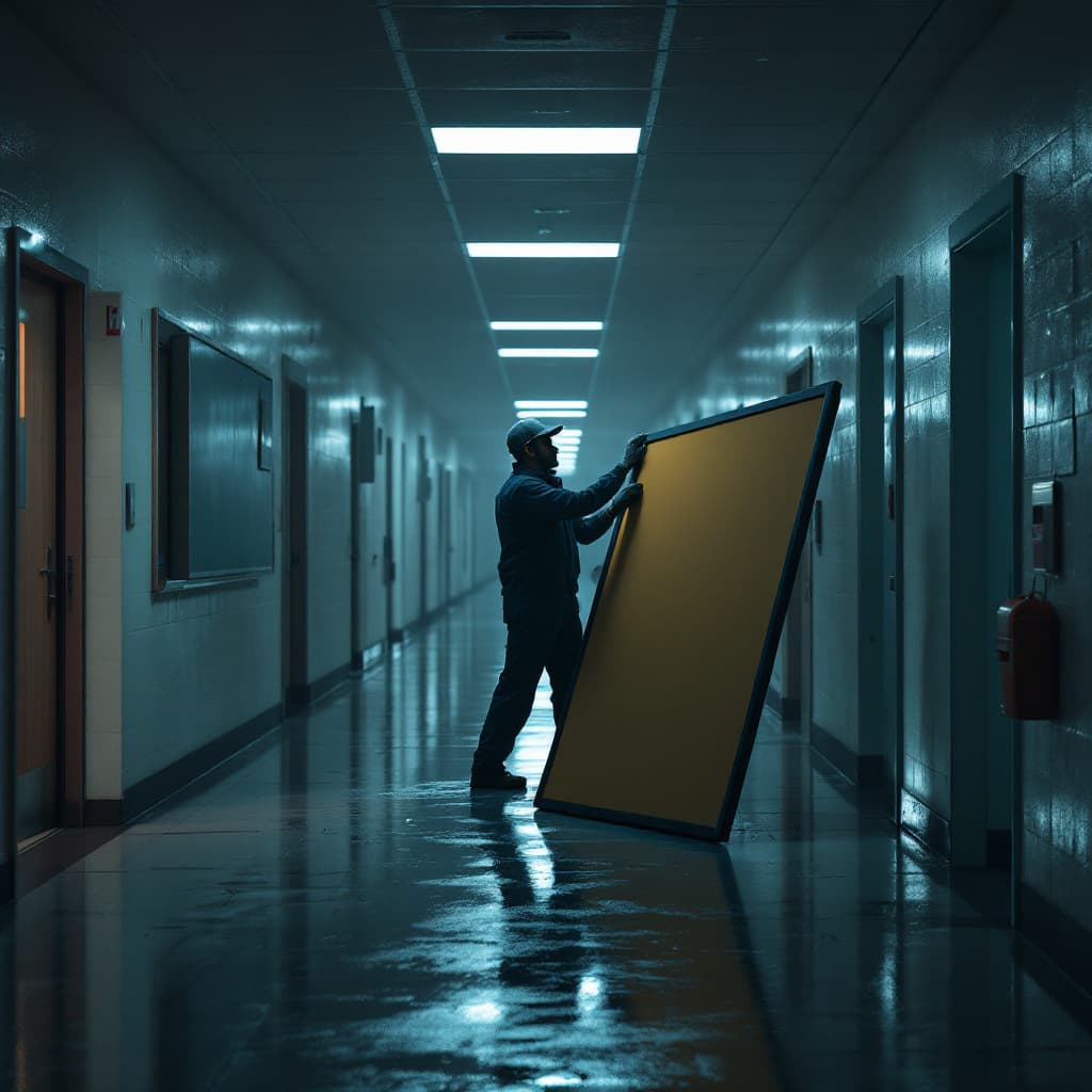 AI generated: A janitor fixing a fallen sign in an empty school hallway at night, soft spotlight effect, realistic...
